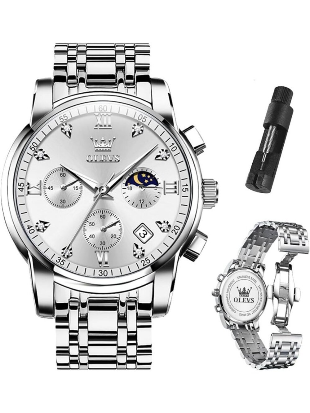 OLEVS Men All Silver Dress Watch Stainless Steel Luminous Waterproof Wrist Watch